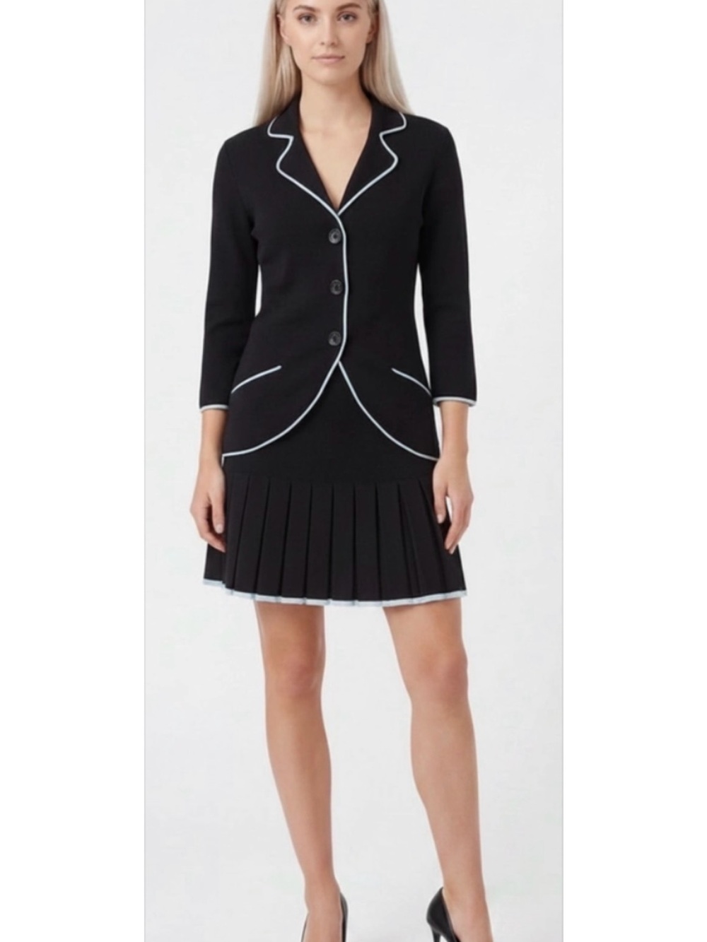 Vertigo Paris Black Knit jacket and pleated knit skirt w/Light Blue Trim